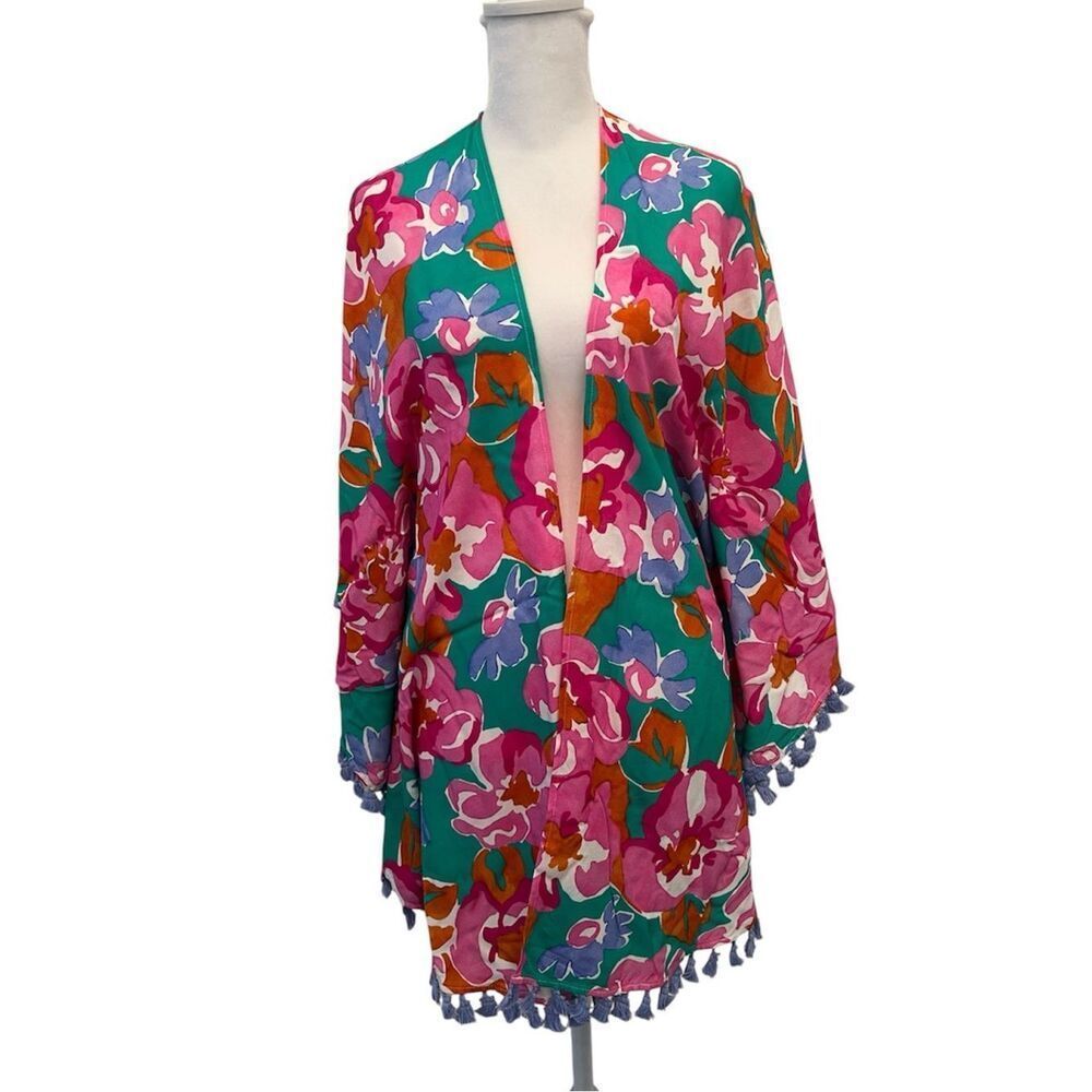 NWOT Sunshine 70 OSFM Women’s Floral Swim Cover-Up Teal & Pink with Tassel Trim